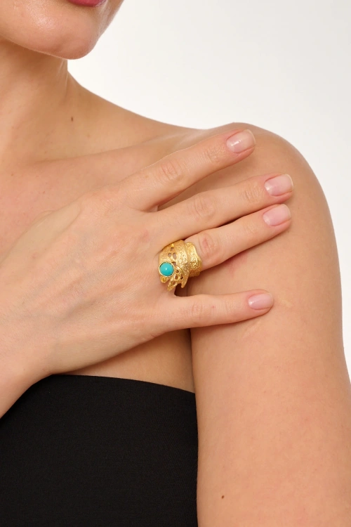 Kiraz Turquoise Stoned Gold Plated Ring