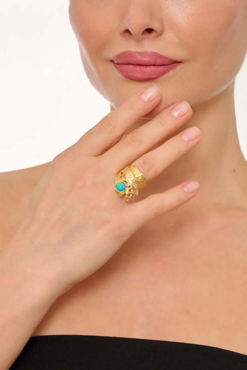 Kiraz Turquoise Stoned Gold Plated Ring