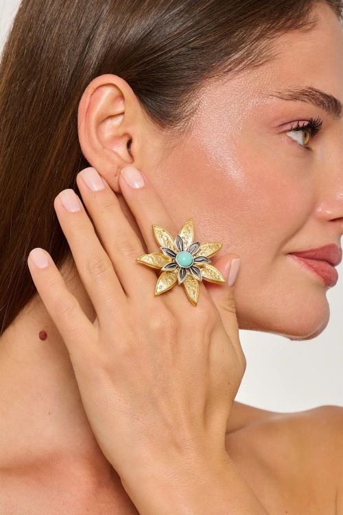 Kiraz Turquoise Stoned Gold Plated Flower Ring