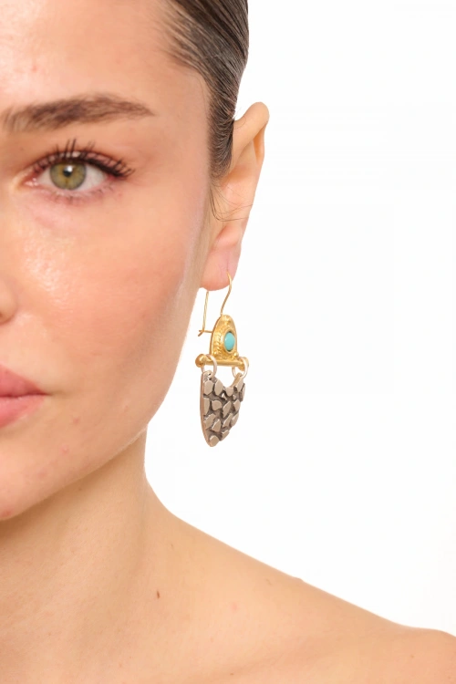 Kiraz Turquoise Stoned Silver And Gold Plated Earring