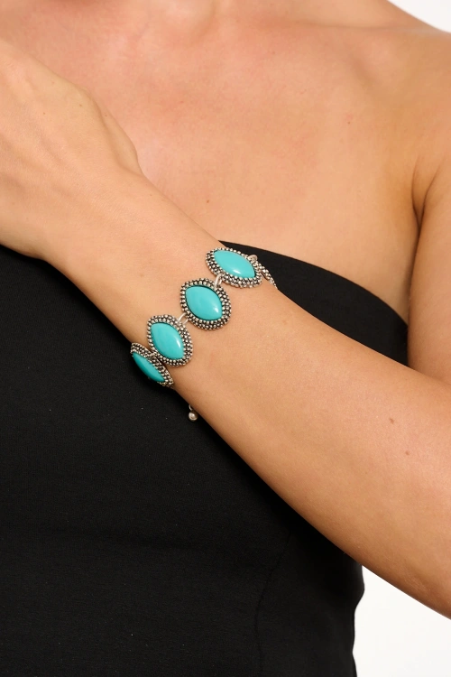 Kiraz Turquoise Stoned Silver Plated Almond Bracelet