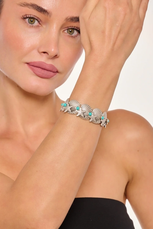 Kiraz Turquoise Stoned Silver Plated Seasehll Bracelet