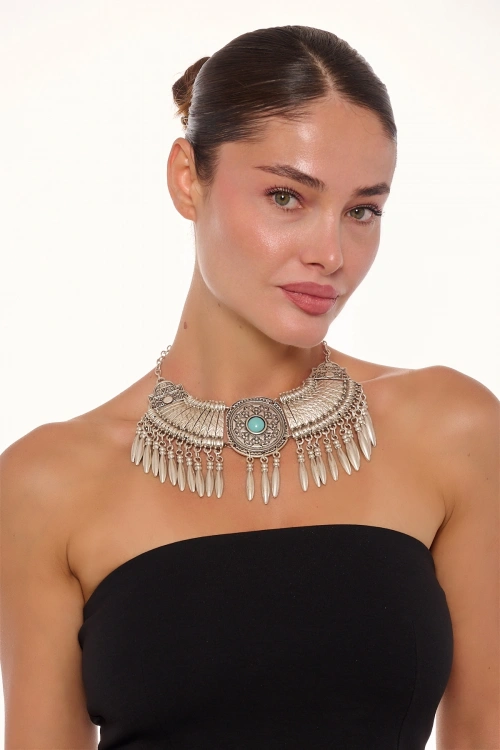 Kiraz Turquoise Stoned Silver Plated Cleopatra Necklace