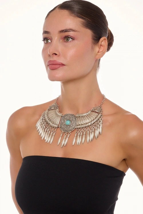 Kiraz Turquoise Stoned Silver Plated Cleopatra Necklace
