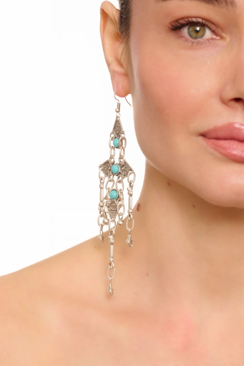 Kiraz Turquoise Stoned Silver Plated Dangling Earring