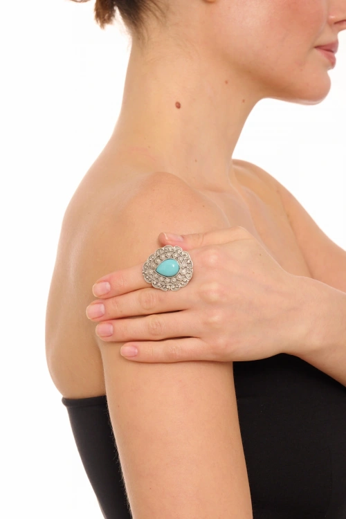 Kiraz Turquoise Stoned Silver Plated Drop Ring