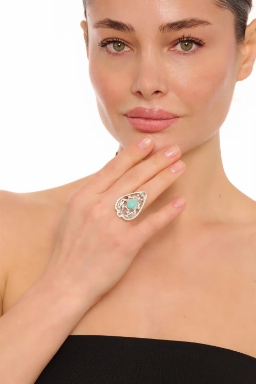 Kiraz Turquoise Stoned Silver Plated Drop Ring