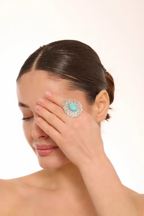 Kiraz Turquoise Stoned Silver Plated Drop Ring