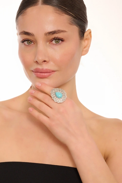 Kiraz Turquoise Stoned Silver Plated Drop Ring