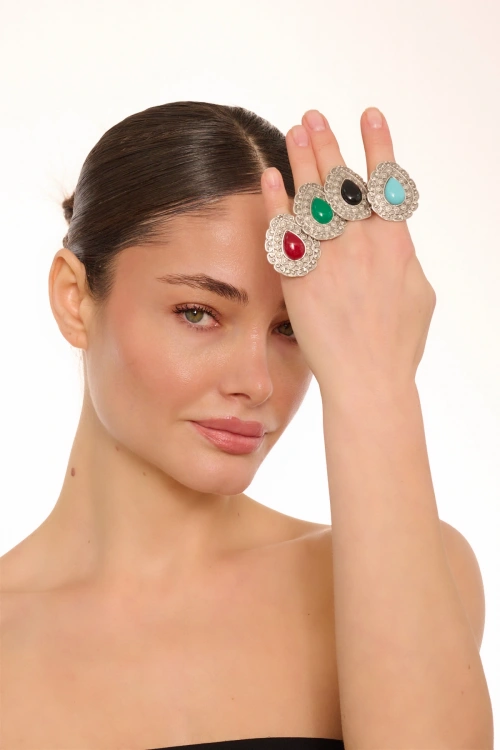 Kiraz Turquoise Stoned Silver Plated Drop Ring