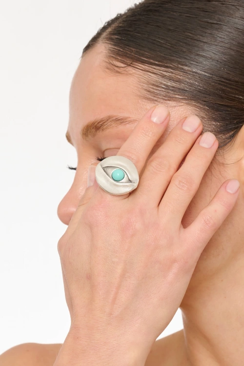 Kiraz Turquoise Stoned Silver Plated Eye Ring