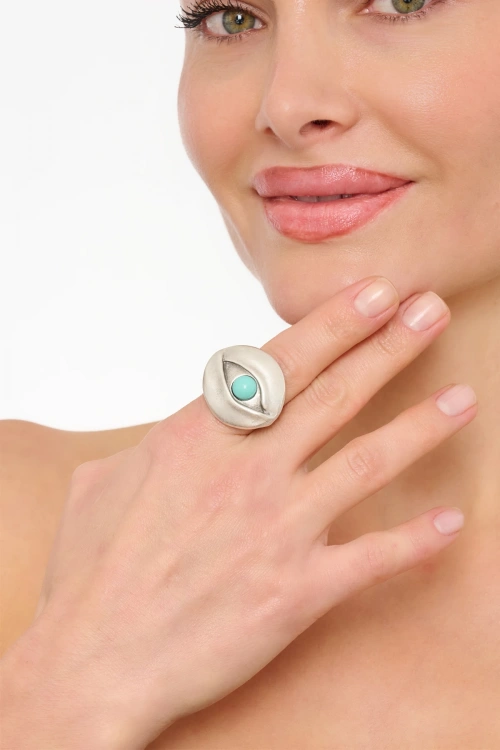 Kiraz Turquoise Stoned Silver Plated Eye Ring