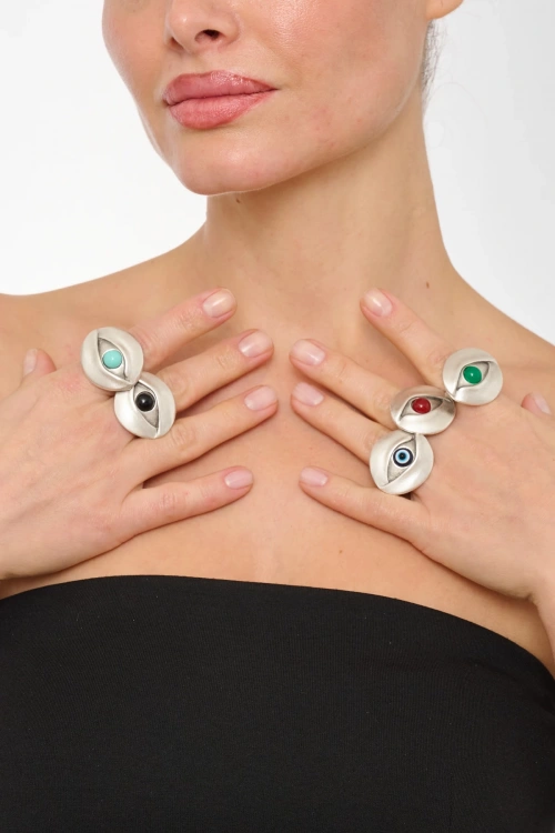 Kiraz Turquoise Stoned Silver Plated Eye Ring