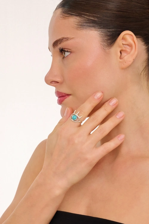 Kiraz Turquoise Stoned Silver Plated Eye Ring