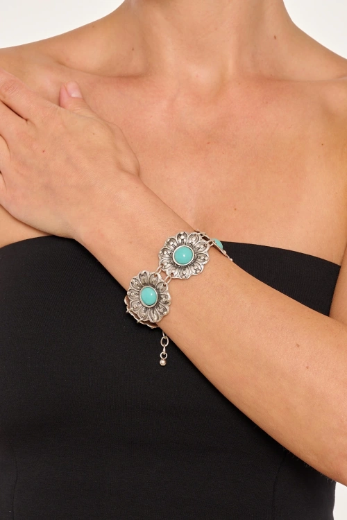 Kiraz Turquoise Stoned Silver Plated Flower Bracelet