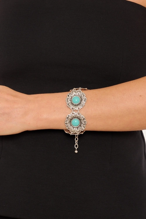 Kiraz Turquoise Stoned Silver Plated Flower Bracelet