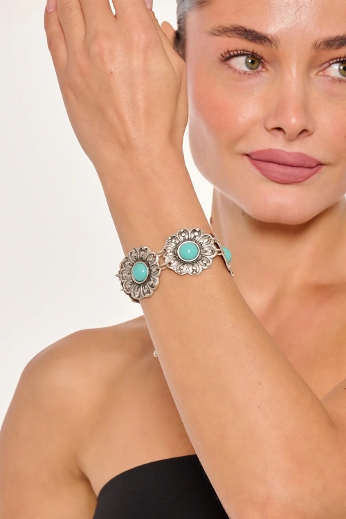 Kiraz Turquoise Stoned Silver Plated Flower Bracelet