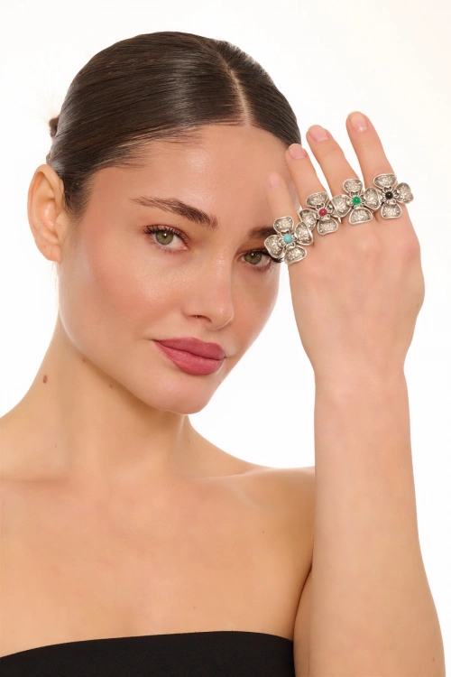 Kiraz Turquoise Stoned Silver Plated Flower  Ring