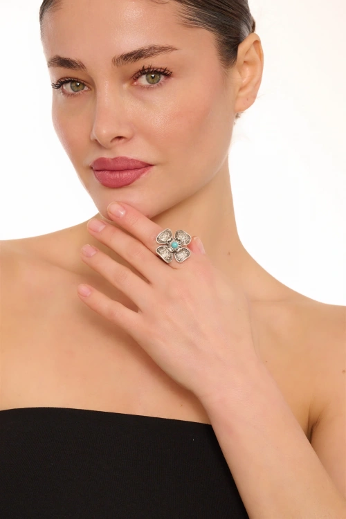 Kiraz Turquoise Stoned Silver Plated Flower  Ring