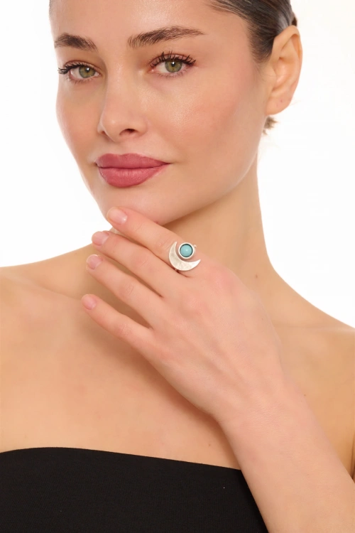 Kiraz Turquoise Stoned Silver Plated Moon Ring