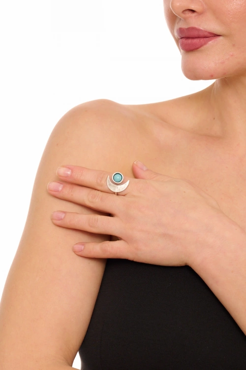 Kiraz Turquoise Stoned Silver Plated Moon Ring