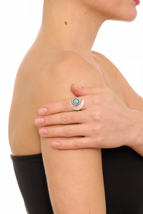 Kiraz Turquoise Stoned Silver Plated Moon Ring