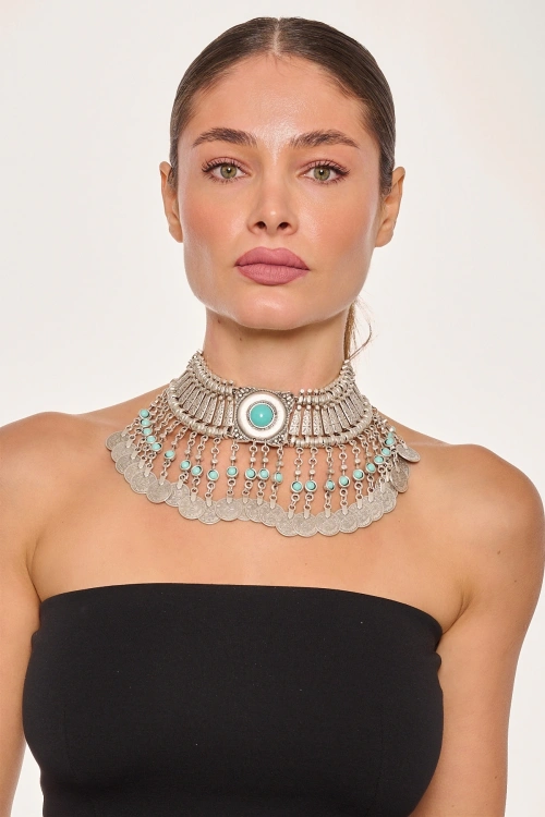 Kiraz Turquoise Stoned Silver Plated Cleopatra Necklace