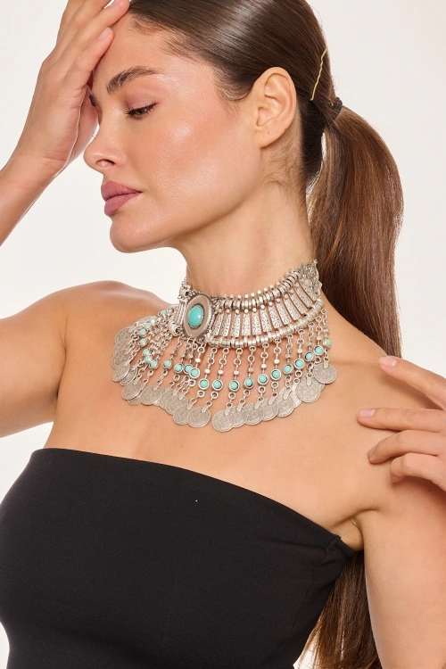 Kiraz Turquoise Stoned Silver Plated Cleopatra Necklace