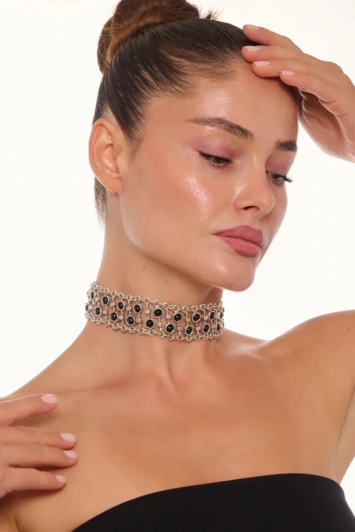 Kiraz Black Stoned Silver Plated Necklace