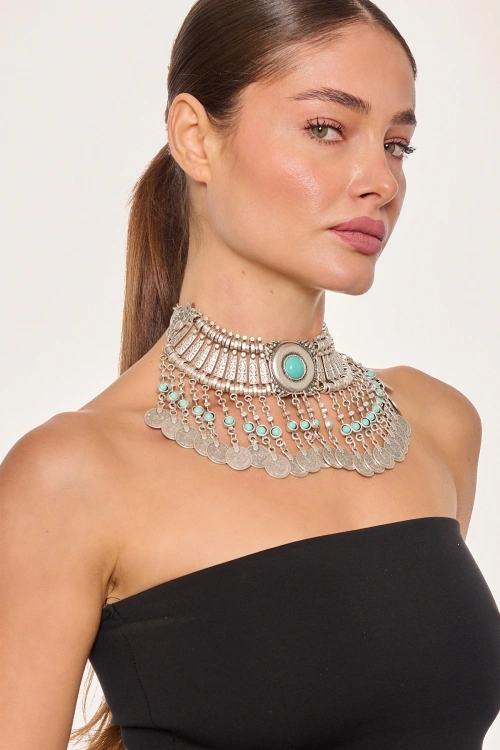Kiraz Turquoise Stoned Silver Plated Cleopatra Necklace