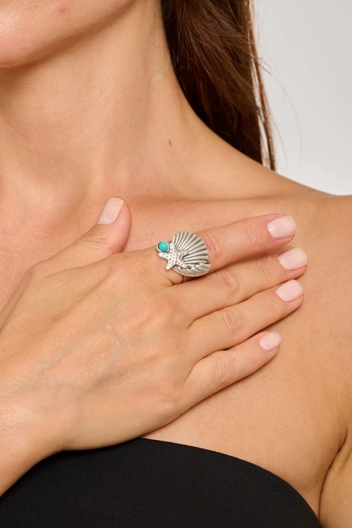 Kiraz Turquoise Stoned Silver Plated Seashell Ring
