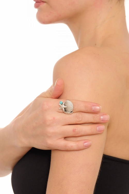 Kiraz Turquoise Stoned Silver Plated Seashell Ring