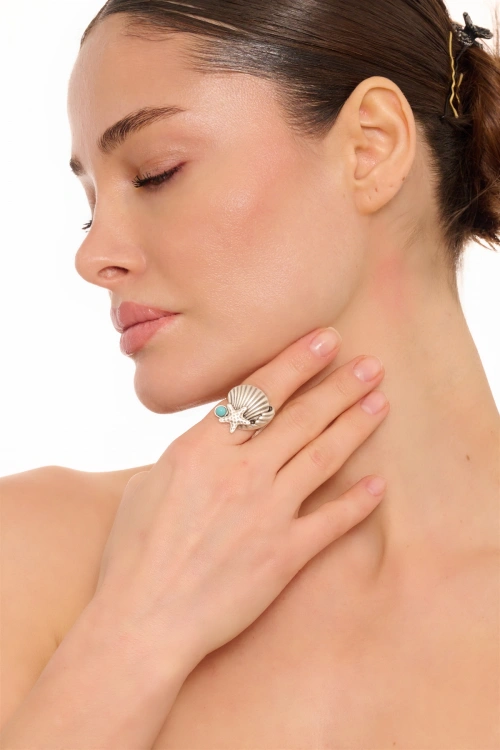 Kiraz Turquoise Stoned Silver Plated Seashell Ring