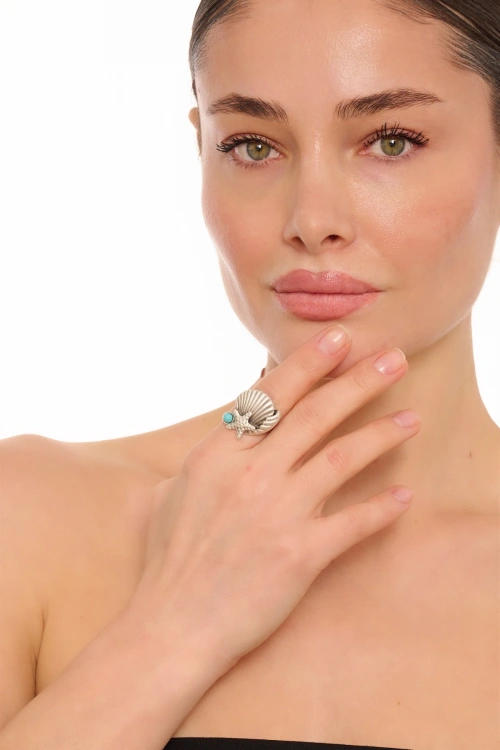 Kiraz Turquoise Stoned Silver Plated Seashell Ring