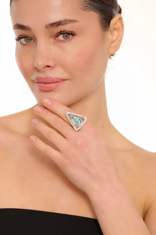 Kiraz Turquoise Stoned Silver Plated Triangle Ring