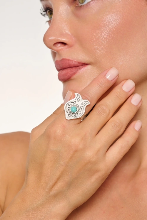 Kiraz Turquoise Stoned Silver Plated Tulip Ring