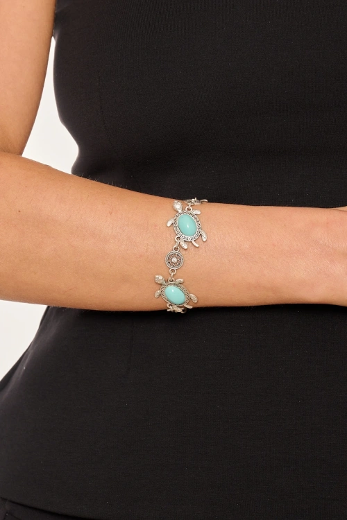 Kiraz Turquoise Stoned Silver Plated Turtle Bracelet