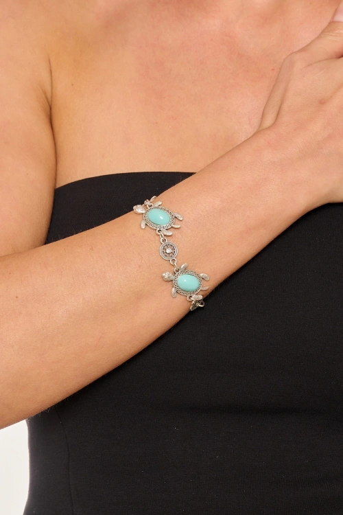 Kiraz Turquoise Stoned Silver Plated Turtle Bracelet