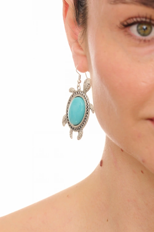 Kiraz Turquoise Stoned Silver Plated Turtle Earring