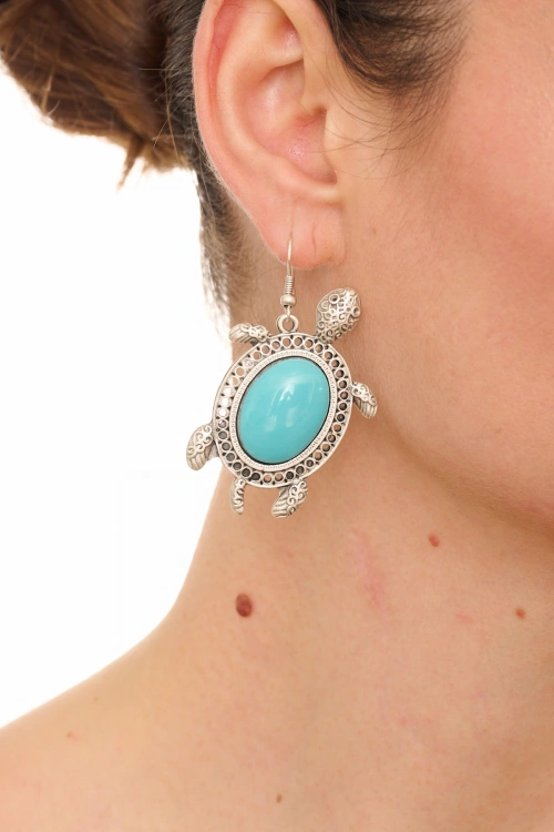 Kiraz Turquoise Stoned Silver Plated Turtle Earring