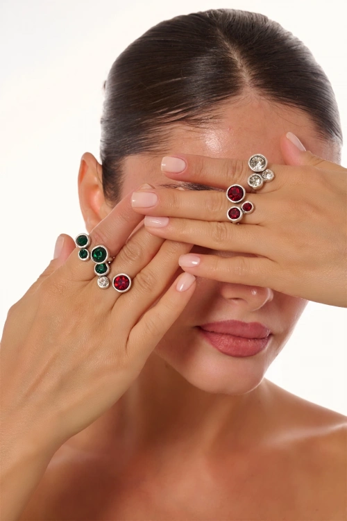 Kiraz Emerald Crystal Stoned Silver Plated Ring