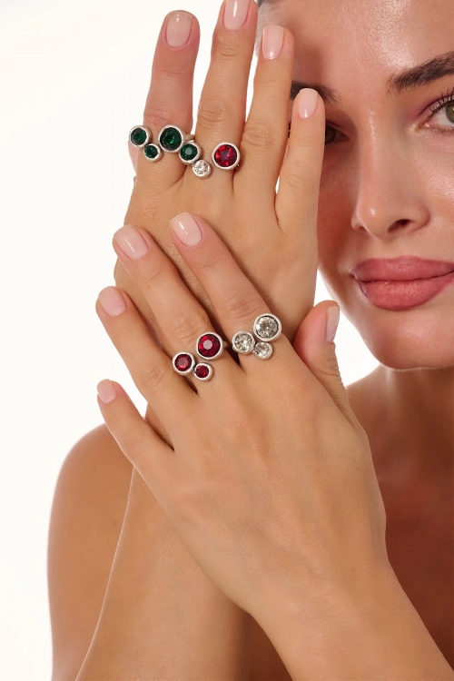 Kiraz Emerald Crystal Stoned Silver Plated Ring