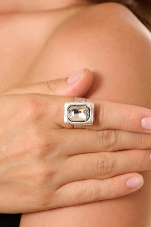 Kiraz White Crystal Stoned Silver Plated Ring