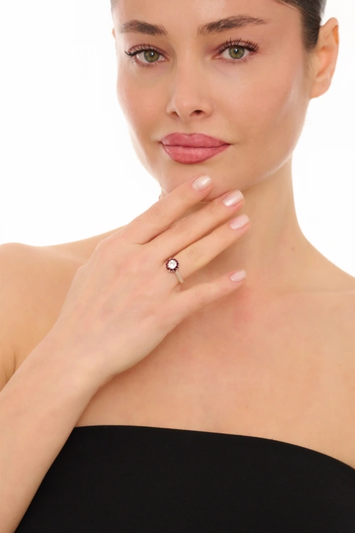 Kiraz White Crystal Stoned And Burgundy Enameled Silver Plated Ring