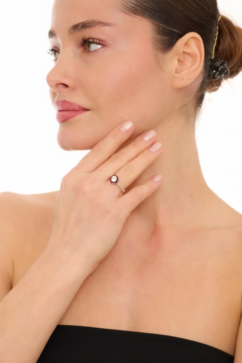 Kiraz White Crystal Stoned And Burgundy Enameled Silver Plated Ring