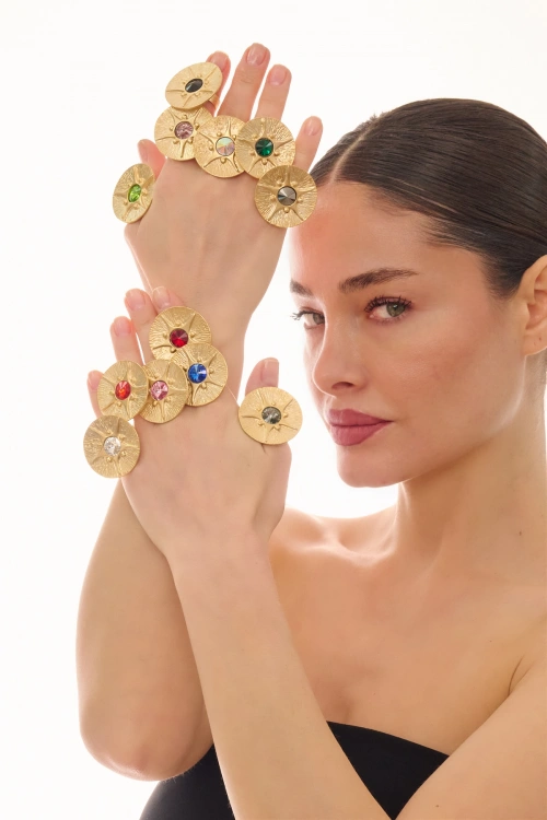 Kiraz White Crystal Stoned Gold Plated Ring