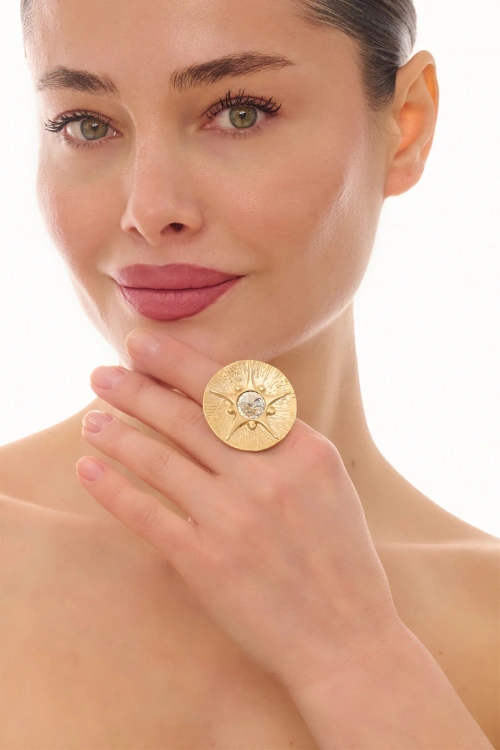 Kiraz White Crystal Stoned Gold Plated Ring