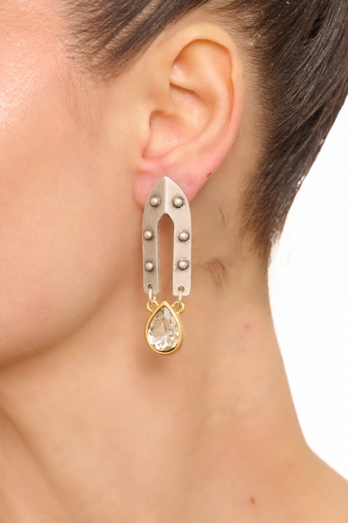 Kiraz White Crystal Stoned Silver And Gold Plated Earring