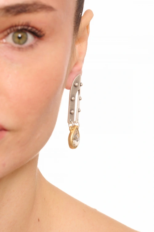 Kiraz White Crystal Stoned Silver And Gold Plated Earring