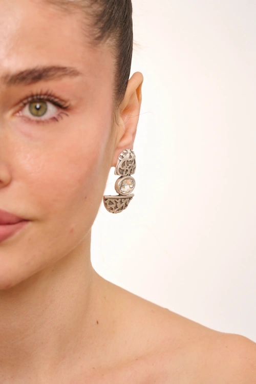 Kiraz White Crystal Stoned Silver Plated Earring